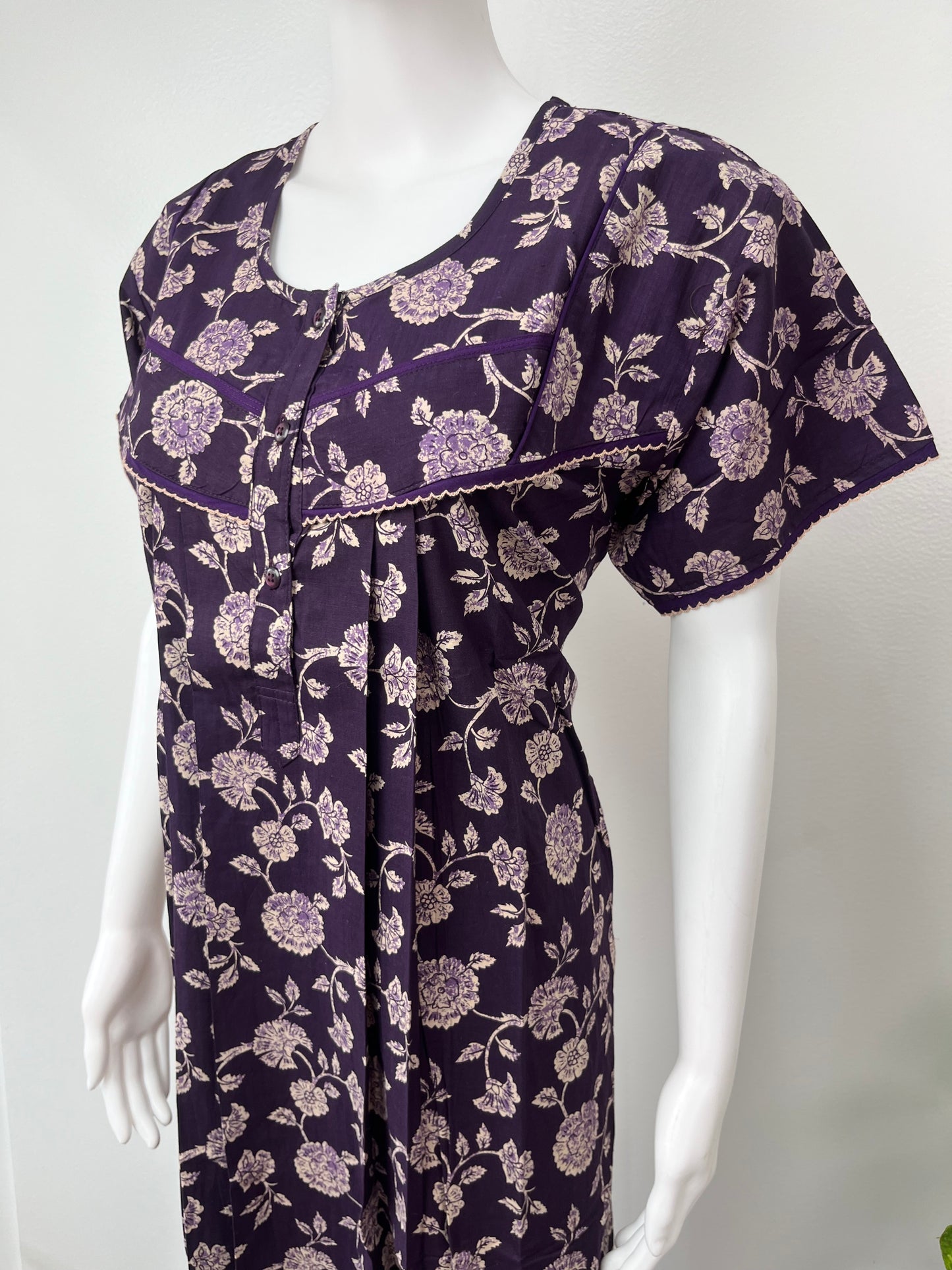 Purple 100% Cotton Pleated Women's Nighty