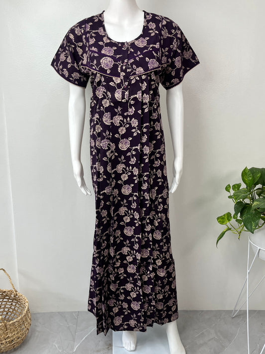 Purple 100% Cotton Pleated Women's Nighty