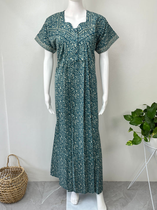 Teal Blue Pure Cotton Nightgown for Women