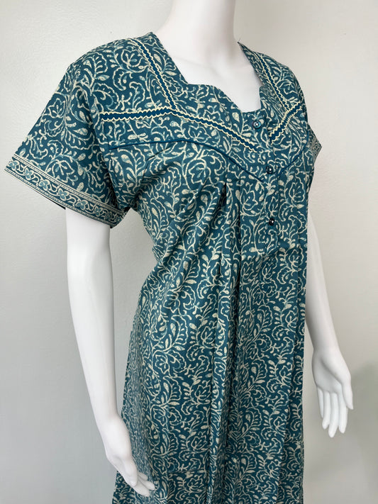 Teal Blue Pure Cotton Nightgown for Women