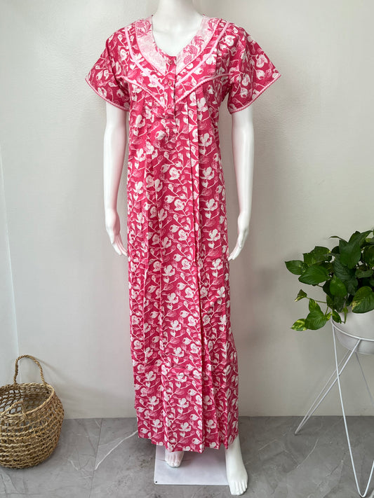 Pink Floral Printed 100% Cotton Nightgown
