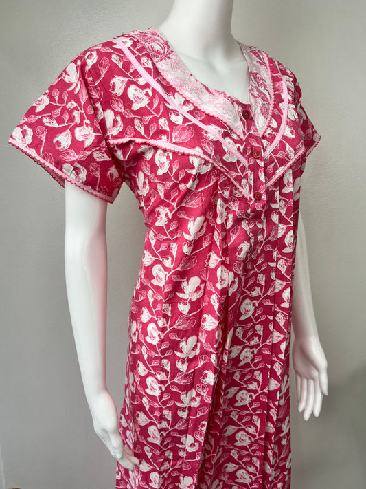 Pink Floral Printed 100% Cotton Nightgown