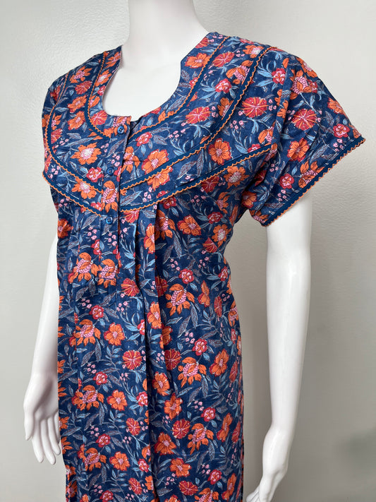 Royal Blue Floral Printed Cotton Nighty