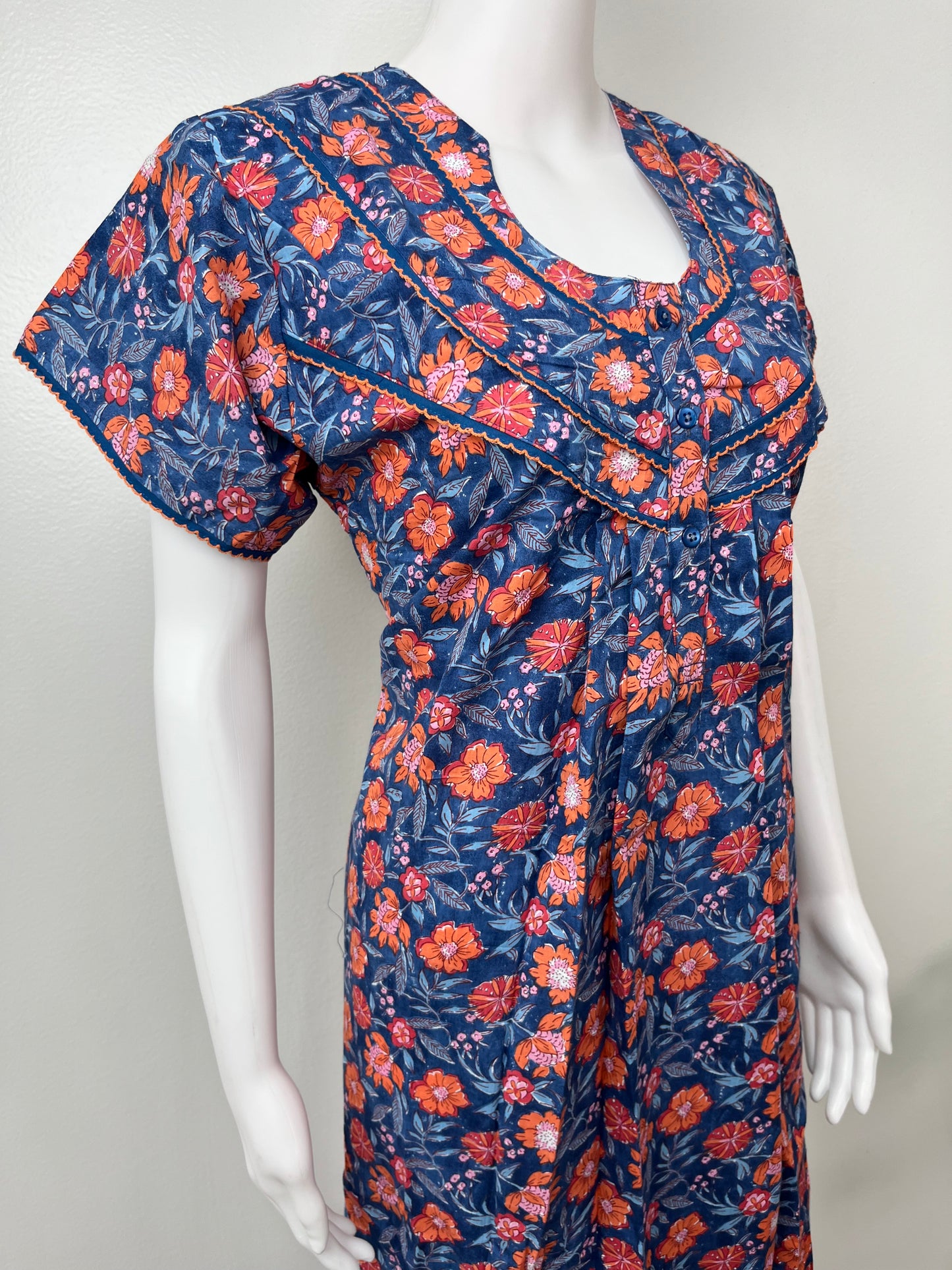 Royal Blue Floral Printed Cotton Nighty