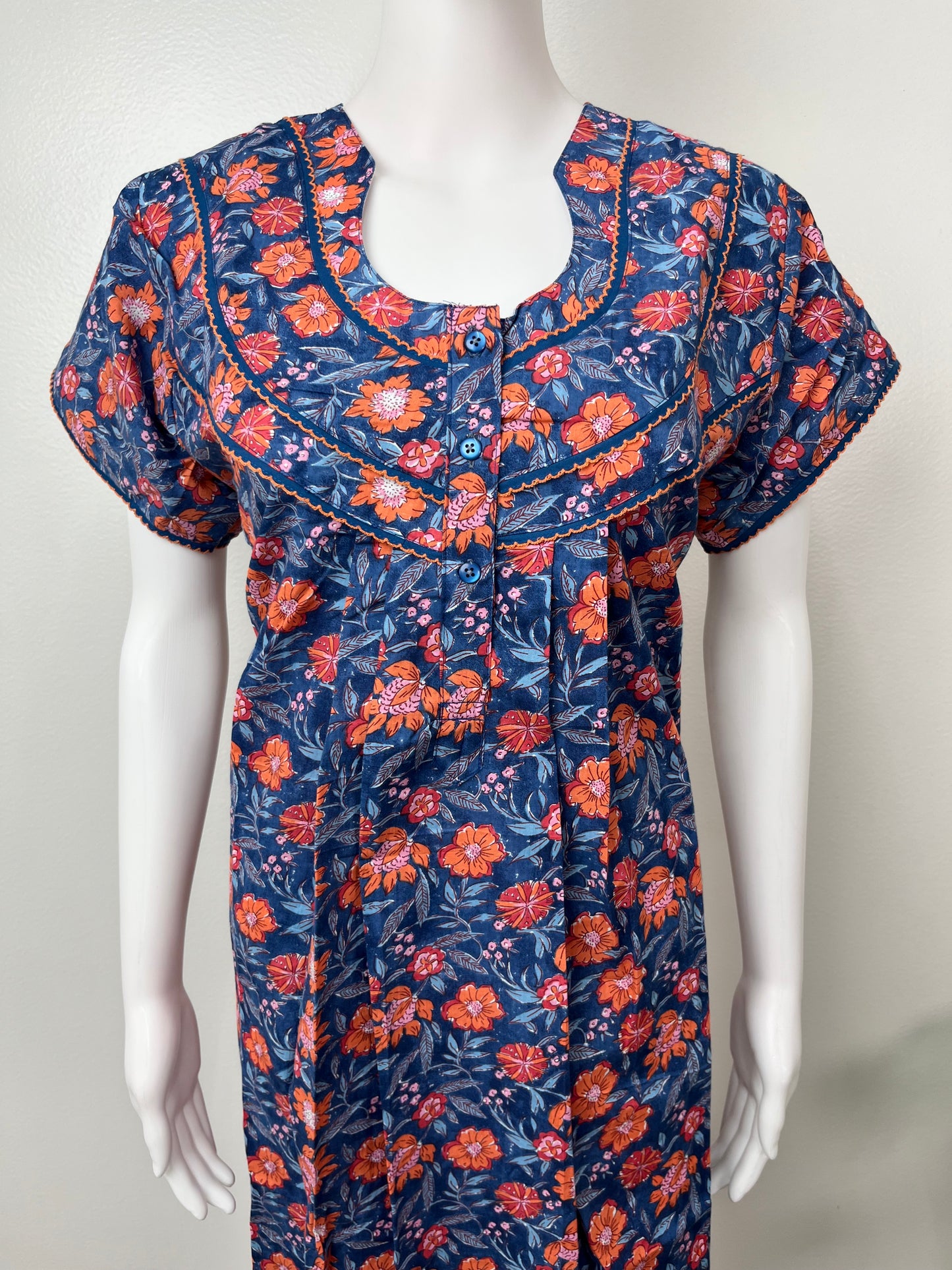 Royal Blue Floral Printed Cotton Nighty