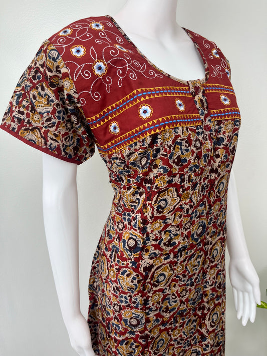 Maroon 100% Cotton Embroidered Nighty