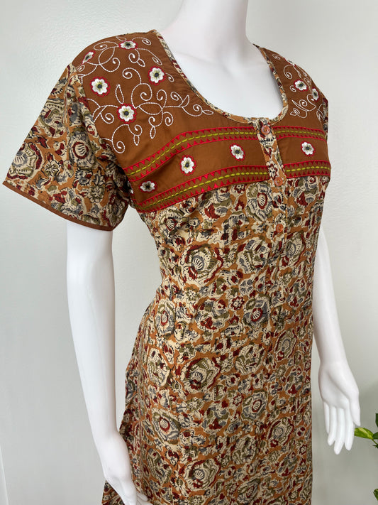 Mustard Pure Kalamkari Cotton Nightgown Soft & Comfortable