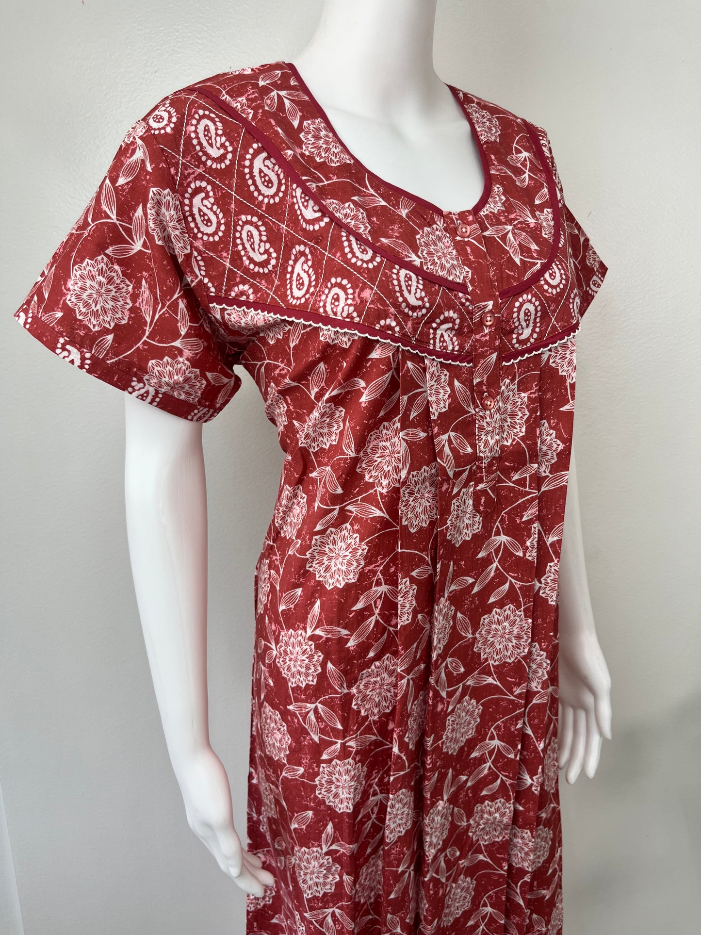Dark Red Printed Pure Cotton Nighty.