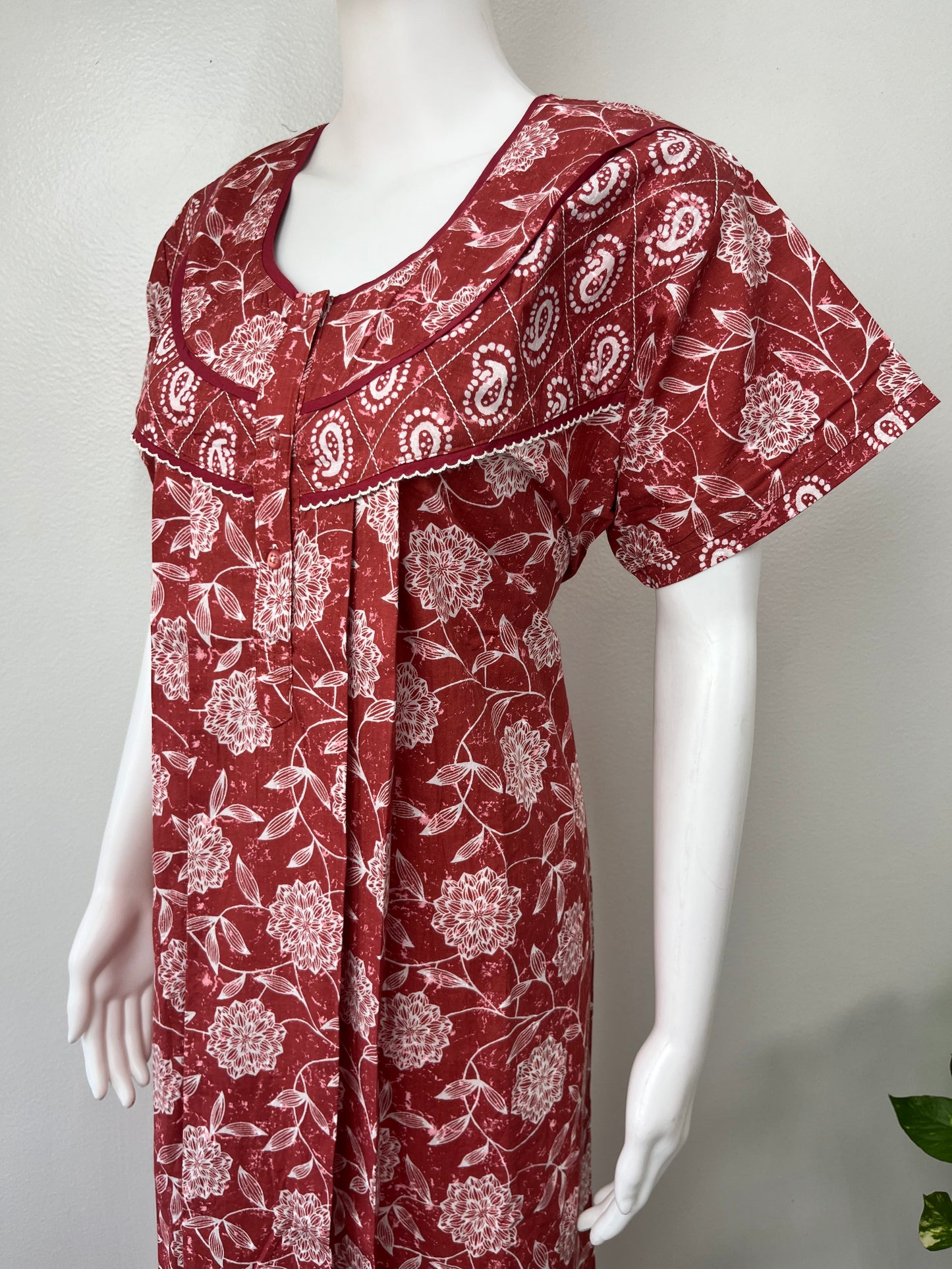 Dark Red Printed Pure Cotton Nighty.