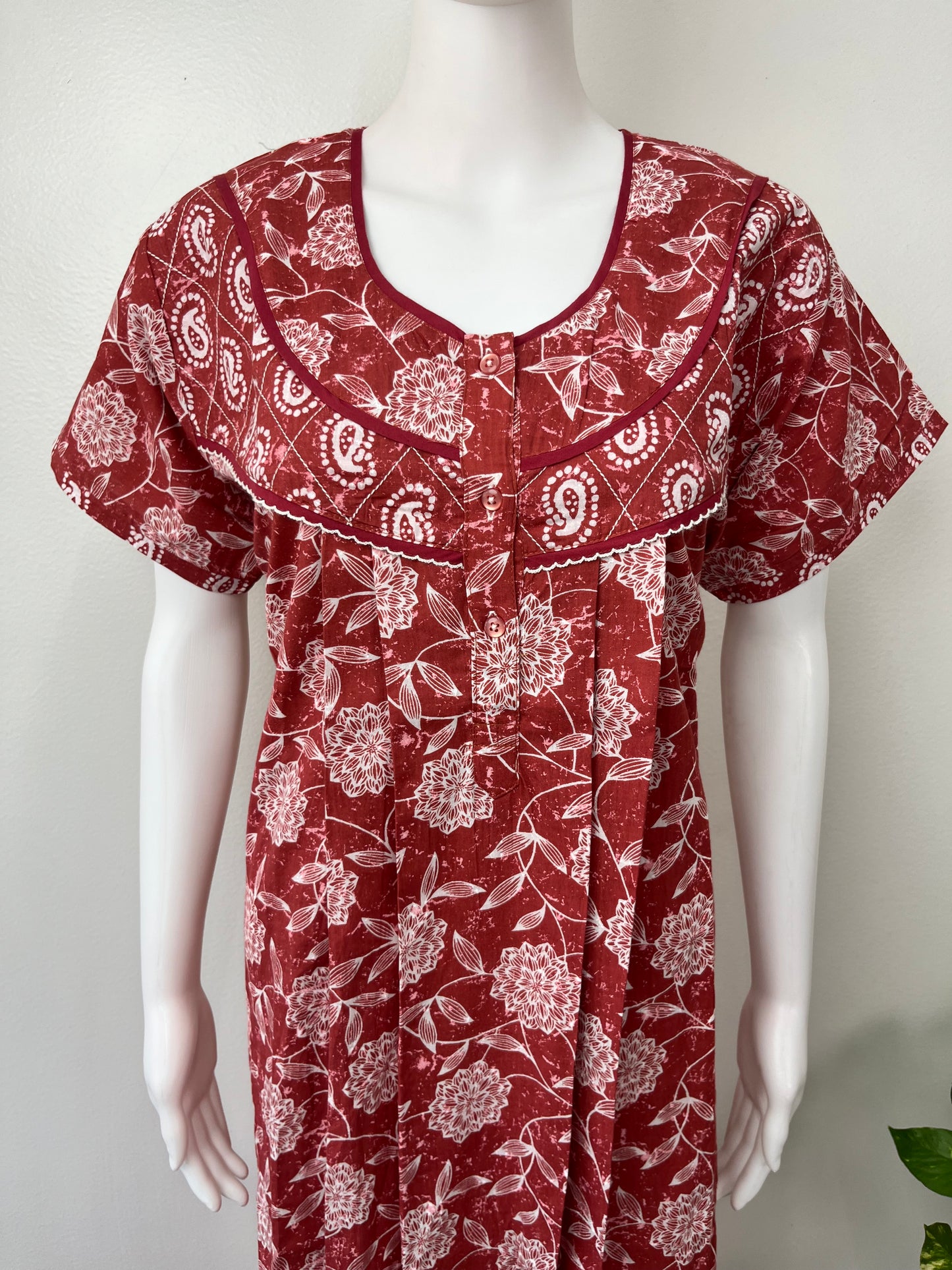 Dark Red Printed Pure Cotton Nighty.