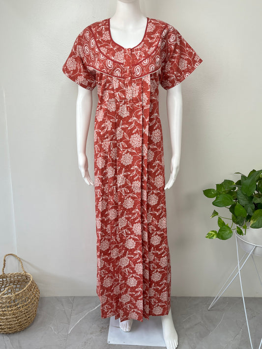 Dark Red Printed Pure Cotton Nighty.