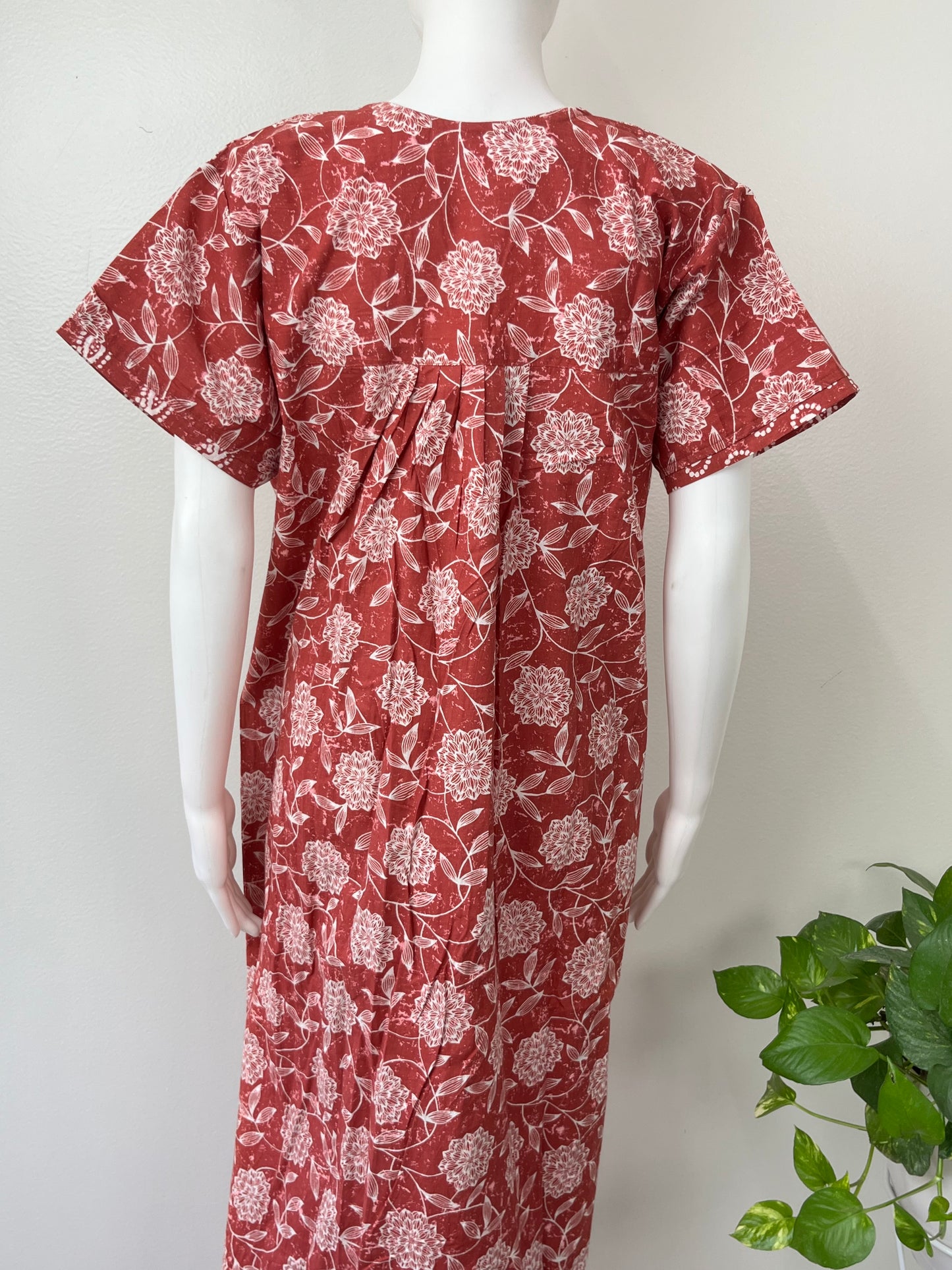 Dark Red Printed Pure Cotton Nighty.
