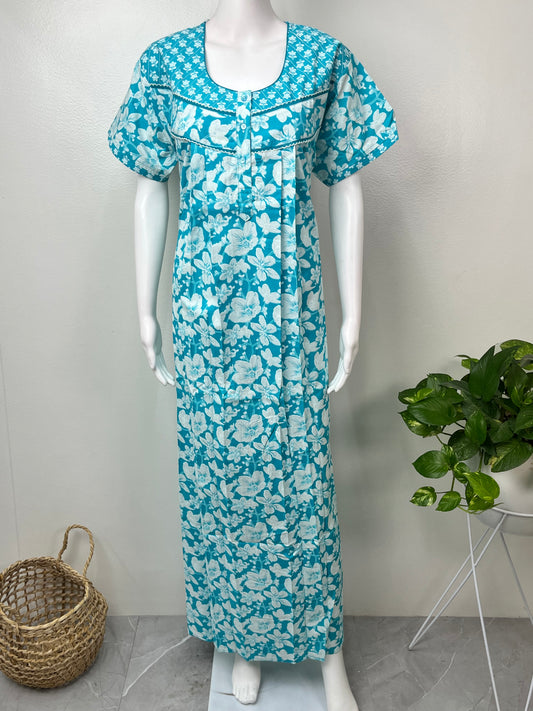 Aqua Blue Floral Pure Cotton Nighty
