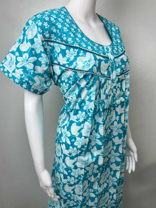 Aqua Blue Floral Pure Cotton Nighty
