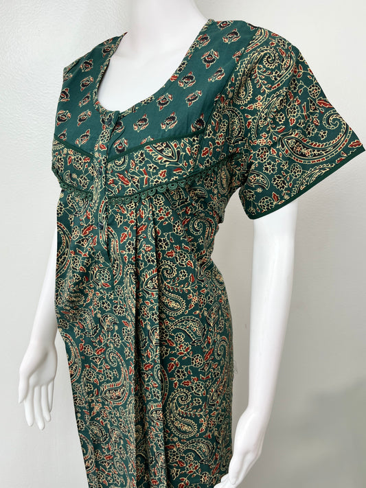 Bottle Green Kalamkari Pure Cotton Nighty