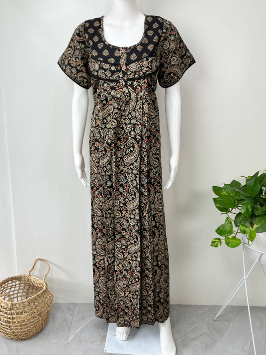 Black Kalamkari Printed 100% Cotton Nightgown
