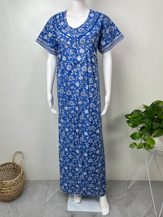 Royal Blue Floral Pure Cotton Nightgown