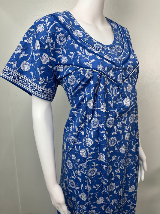 Royal Blue Floral Pure Cotton Nightgown