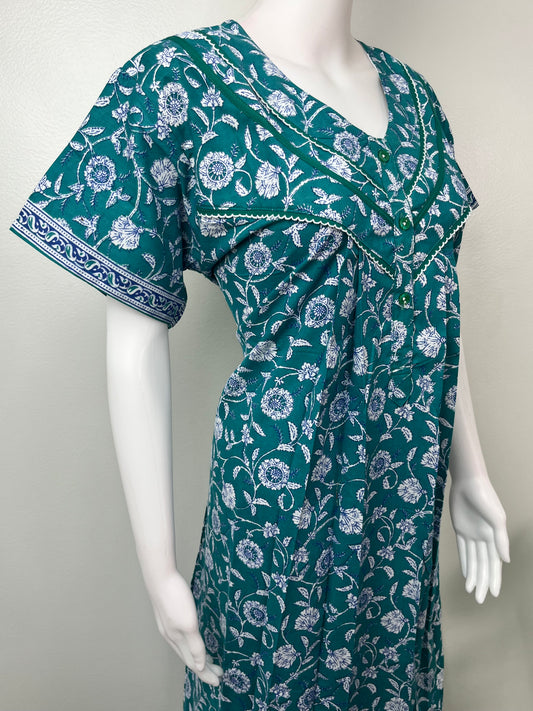 Teal Blue 100% Cotton Nightgown for Women