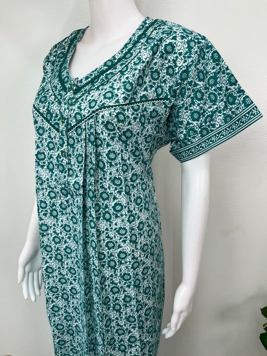 Sea Green Printed 100% Cotton Nighty for Women