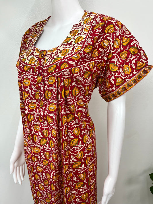 Red Floral 100% Cotton Nighty for Women