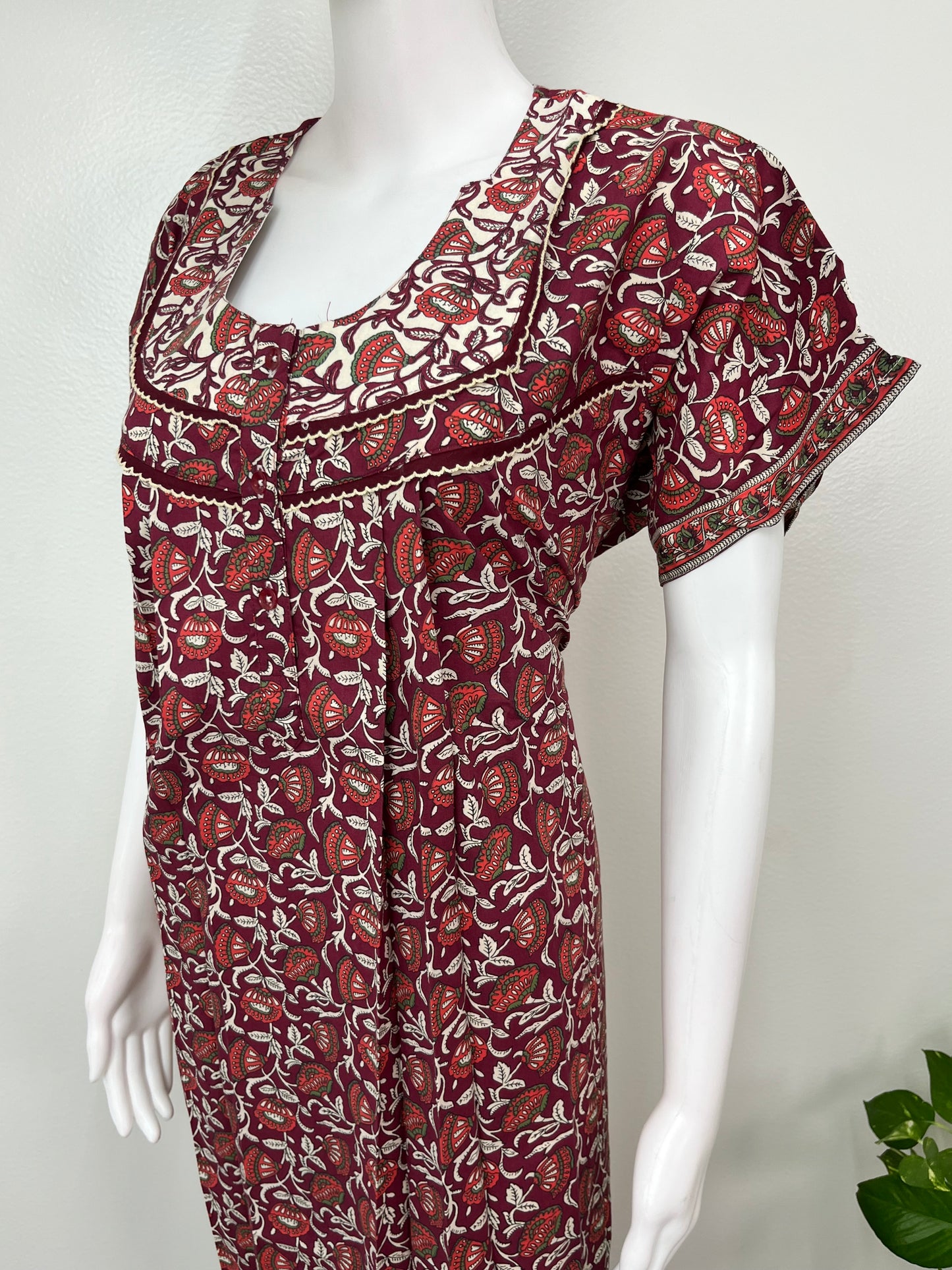 Maroon Pleated Cotton Nightgown Elegant & Comfortable