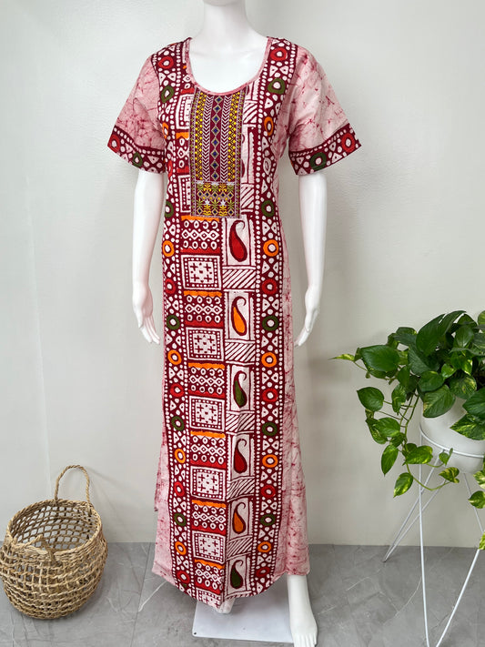 Red Batik Pure Cotton Embroidered Nighty