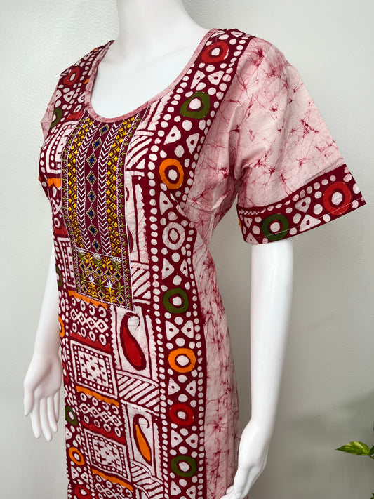 Red Batik Pure Cotton Embroidered Nighty