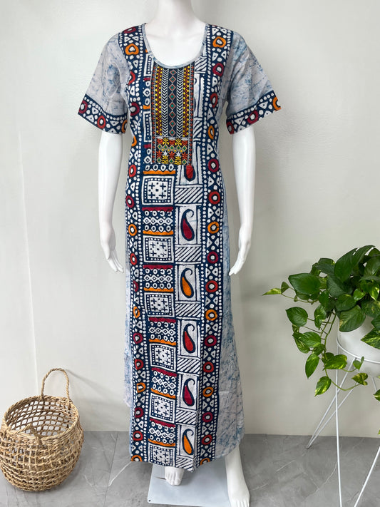 Blue Batik Pure Cotton Nightgown for Women