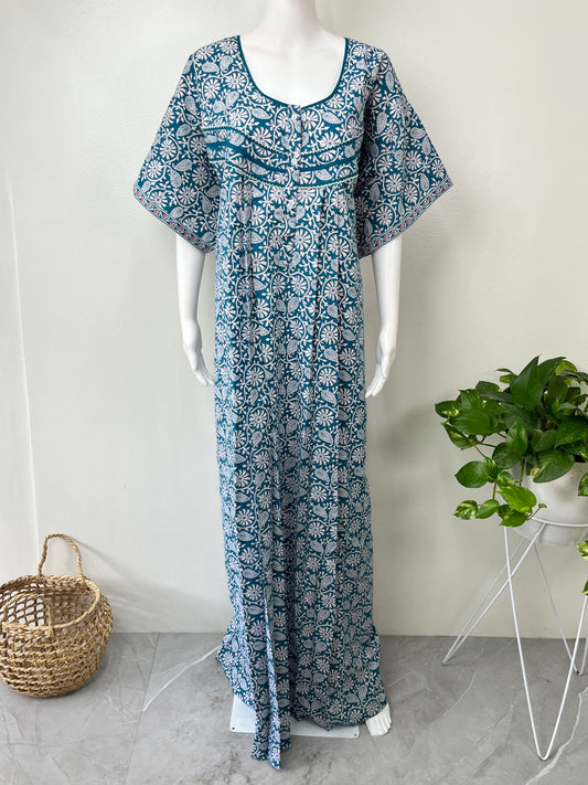 Teal Blue 100% Cotton Nightgown With Contrast Print