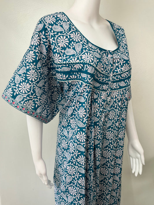 Teal Blue 100% Cotton Nightgown With Contrast Print