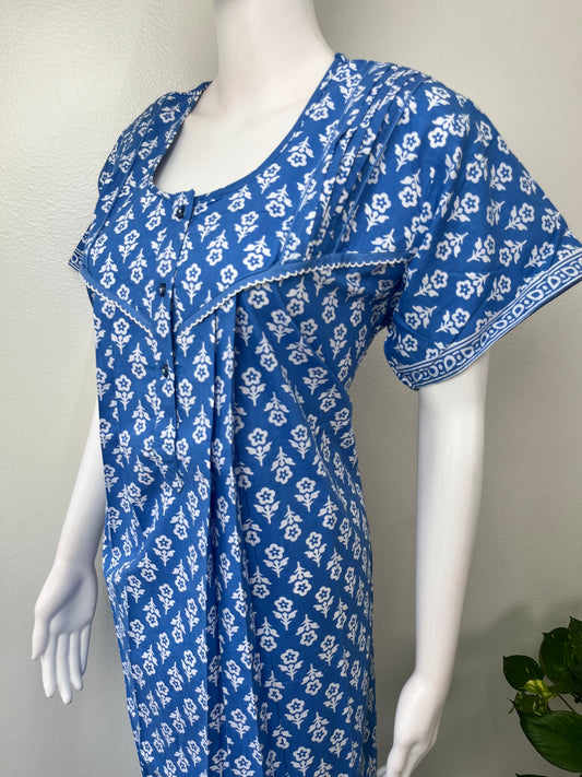 Royal Blue Pleated Cotton Nighty Soft & Comfortable