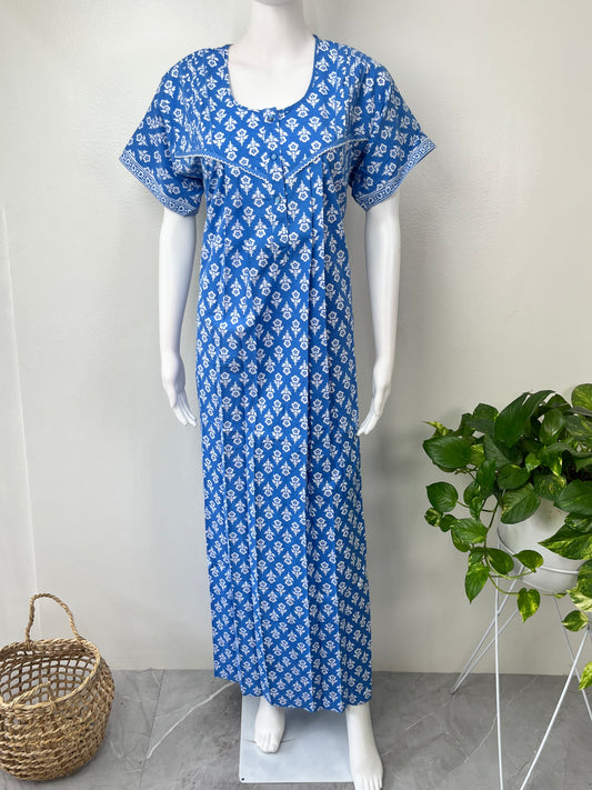 Royal Blue Pleated Cotton Nighty Soft & Comfortable