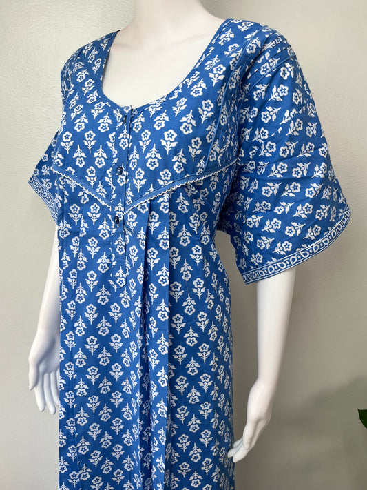 Blue Pleated 100% Cotton Women's Nighty