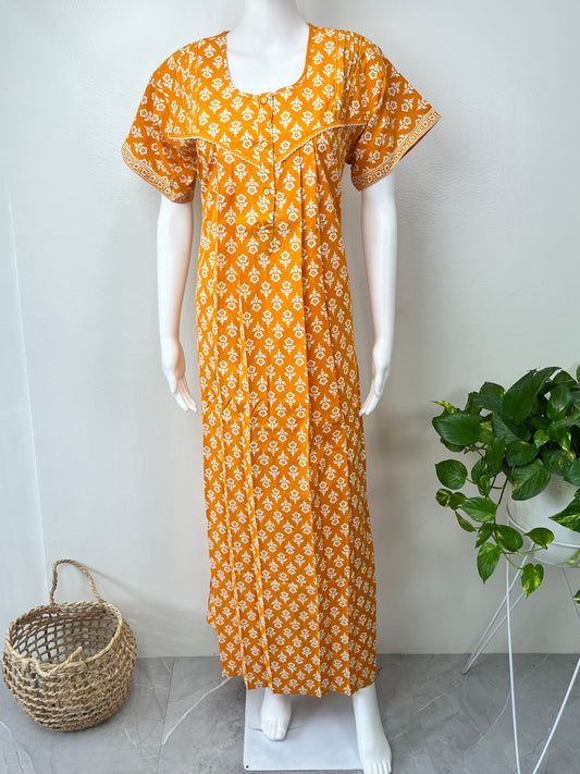 Yellow 100% Cotton Pleated Nightgown for Women