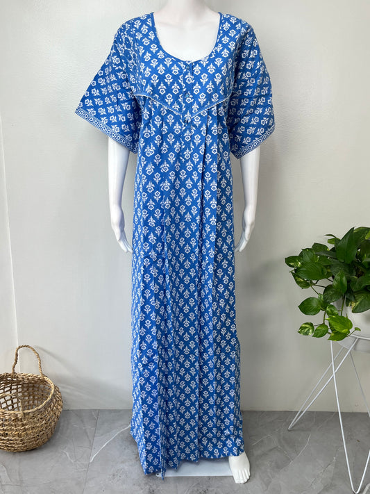 Blue Pleated 100% Cotton Women's Nighty