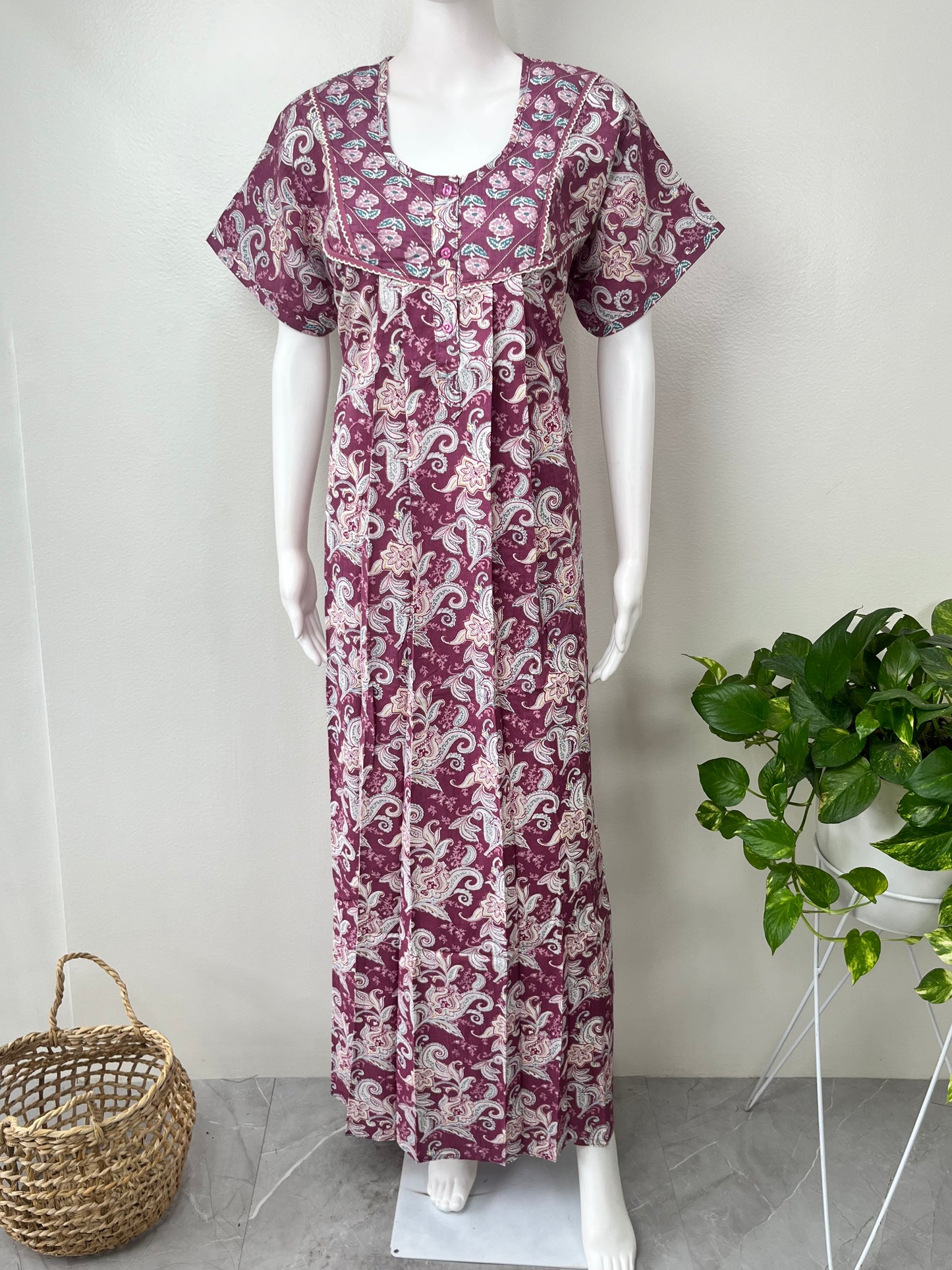 Magenta Floral Printed Cotton Nightgown
