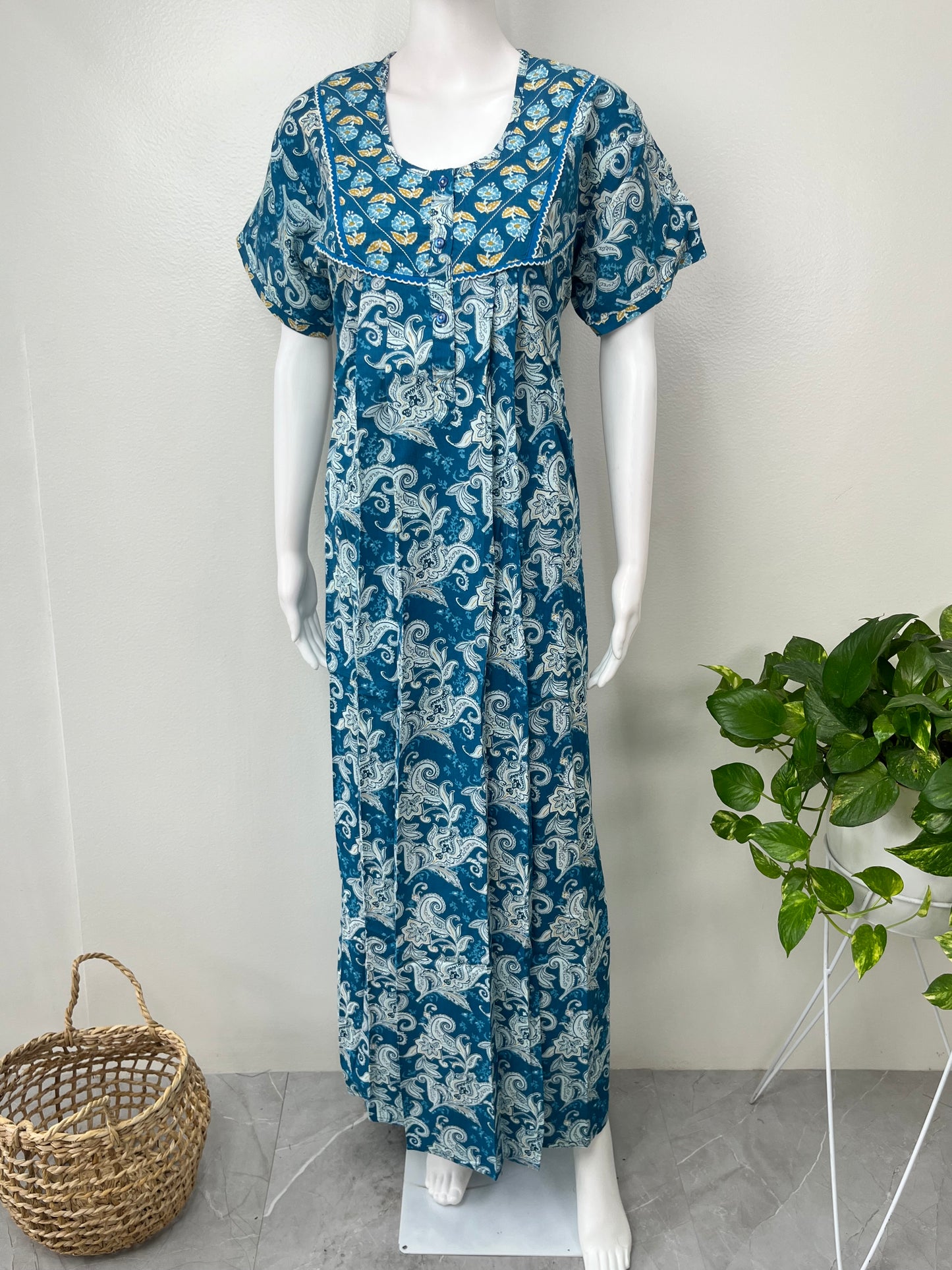 Royal Blue Pleated 100% Cotton Nighty