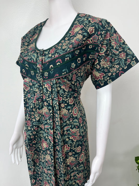 Bottle Green Pleated Cotton Nighty for Women