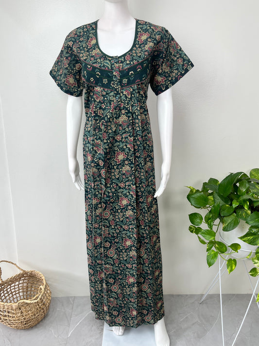 Bottle Green Pleated Cotton Nighty for Women