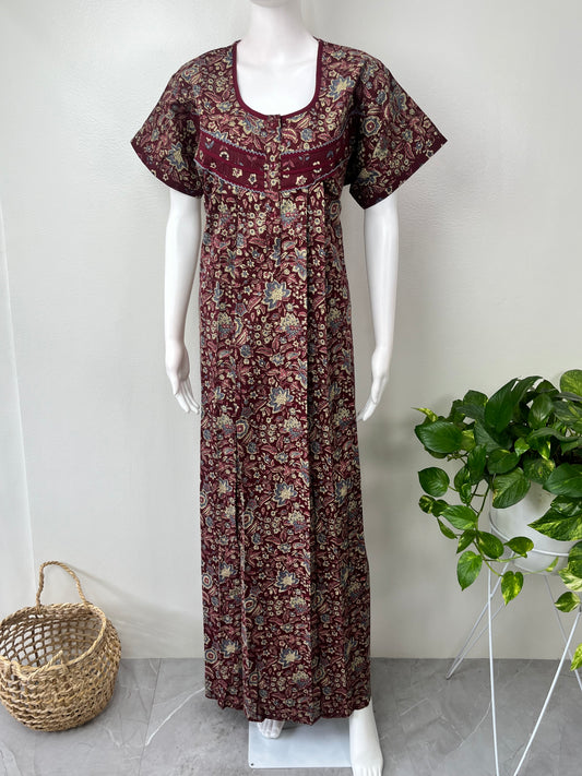 Maroon Floral Printed Cotton Nightgown