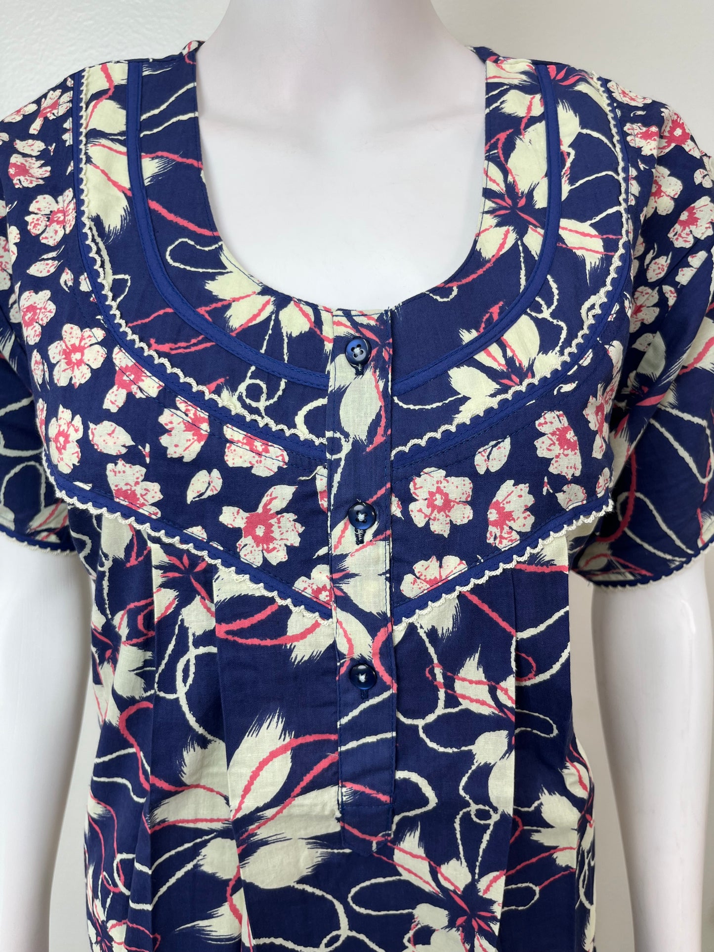Navy Blue Floral Printed 100% Cotton Nightgown