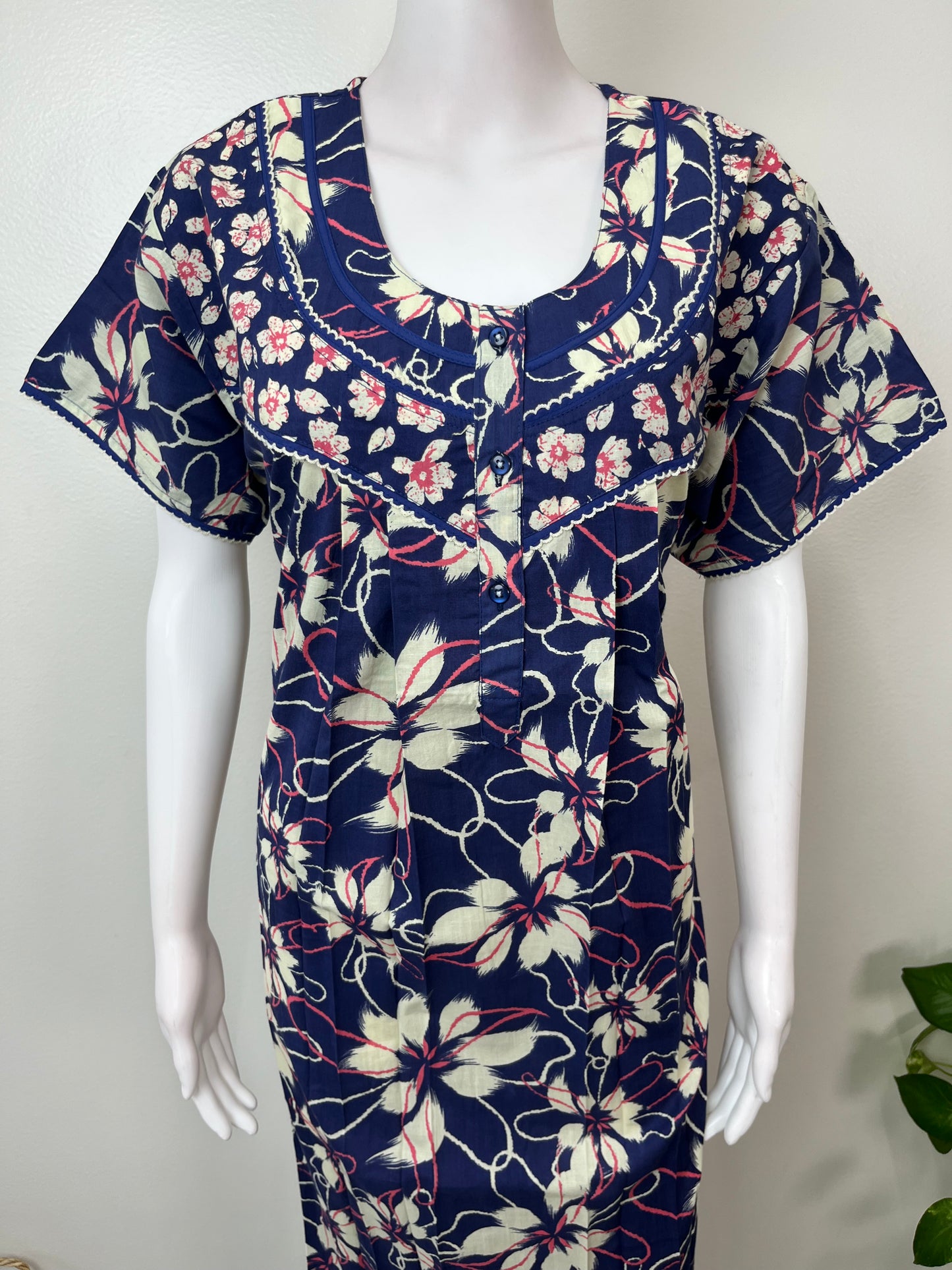 Navy Blue Floral Printed 100% Cotton Nightgown