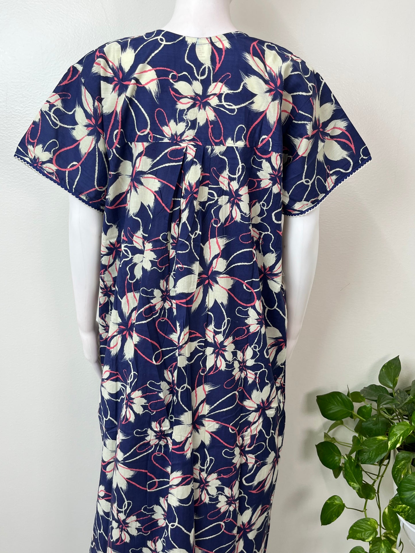 Navy Blue Floral Printed 100% Cotton Nightgown