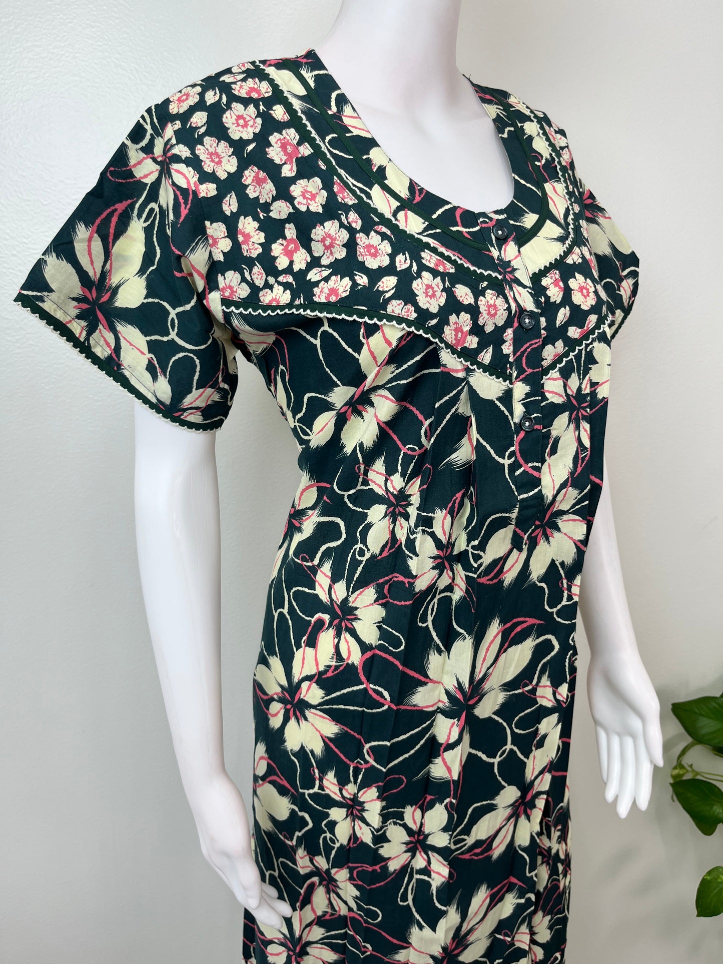 Bottle Green Pleated 100% Cotton Women's Nighty