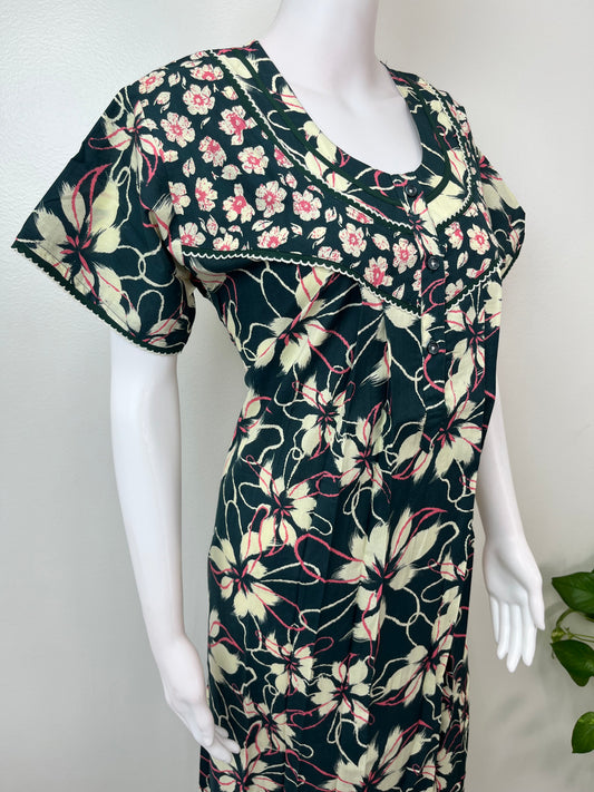 Bottle Green Pleated 100% Cotton Women's Nighty