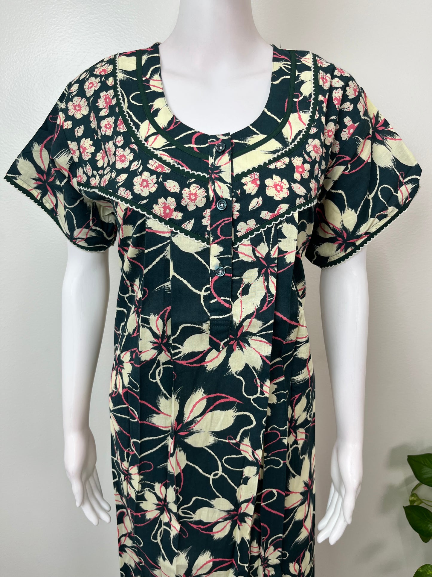 Bottle Green Pleated 100% Cotton Women's Nighty
