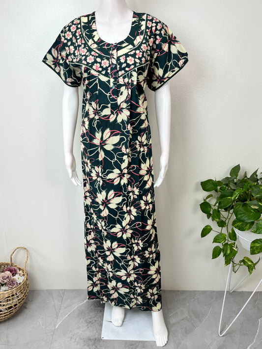 Bottle Green Pleated 100% Cotton Women's Nighty