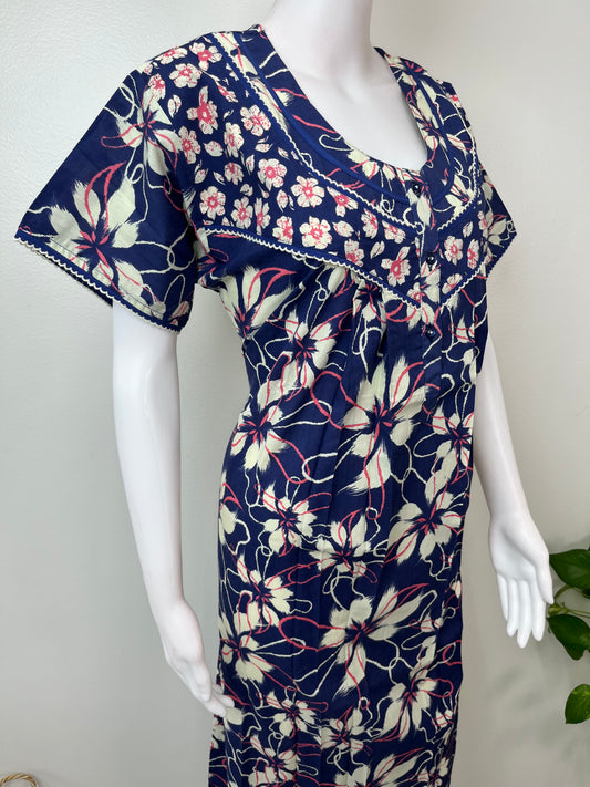 Navy Blue Floral Printed 100% Cotton Nightgown