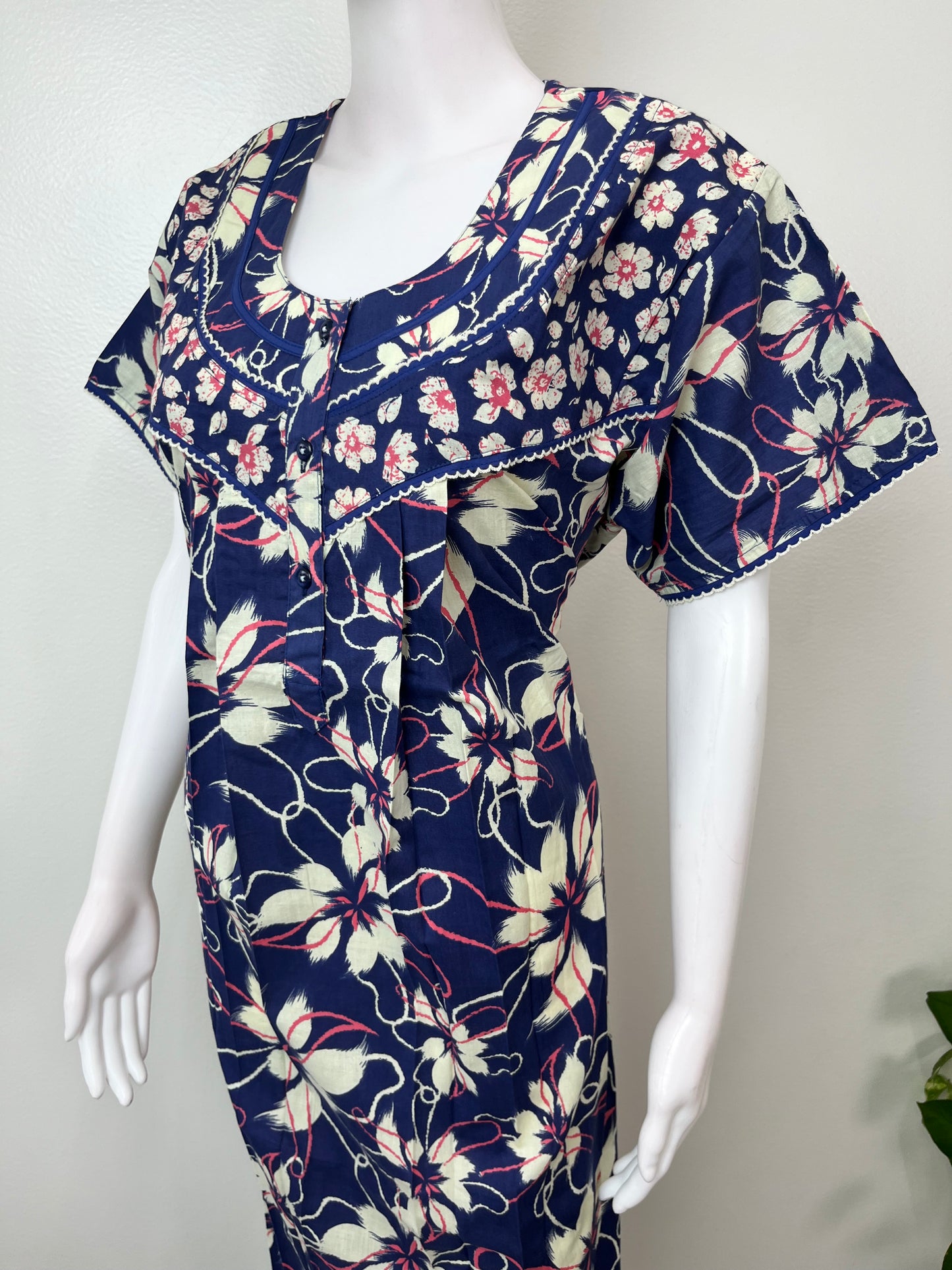 Navy Blue Floral Printed 100% Cotton Nightgown